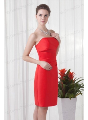 Column Strapless Mini-length Red Ruching Taffeta Prom Dress