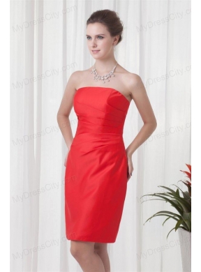 Column Strapless Mini-length Red Ruching Taffeta Prom Dress