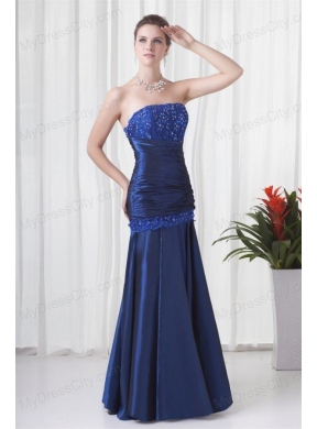 Column Strapless Navy Blue Ruching Prom Dress with Lace Up