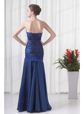 Column Strapless Navy Blue Ruching Prom Dress with Lace Up