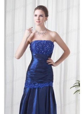 Column Strapless Navy Blue Ruching Prom Dress with Lace Up