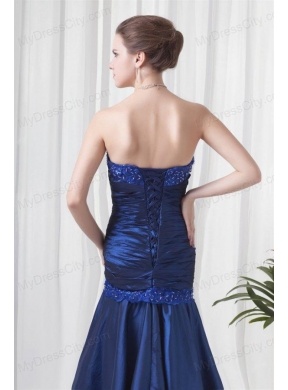 Column Strapless Navy Blue Ruching Prom Dress with Lace Up