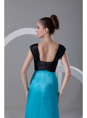 Column Straps Blue and Black Ruching and Appliques Elastic Woven Satin Prom Dress