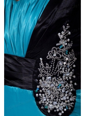 Column Straps Blue and Black Ruching and Appliques Elastic Woven Satin Prom Dress