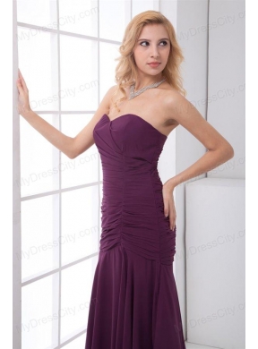 Column Sweetheart Ankle-length Chiffon Purple Prom Dress with Ruching