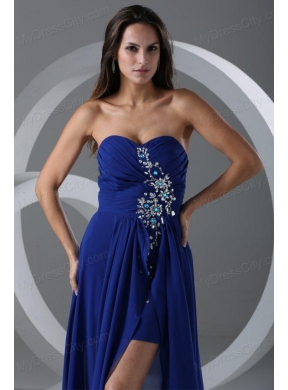 Column Sweetheart Royal Blue Beading And Ruching Chiffon Prom Dress