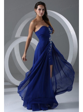 Column Sweetheart Royal Blue Beading And Ruching Chiffon Prom Dress