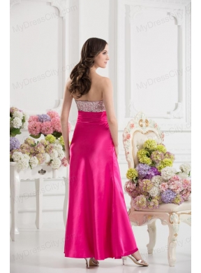 Column Sweetheart Taffeta Beading Hot Pink Ankle-length Prom Dress