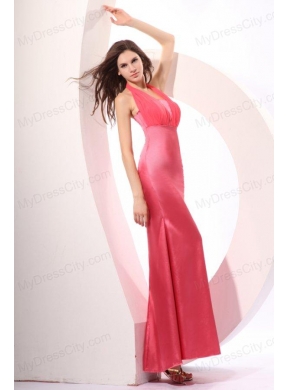 Coral Red Prom Dress with Halter Top Ankle-length Satin