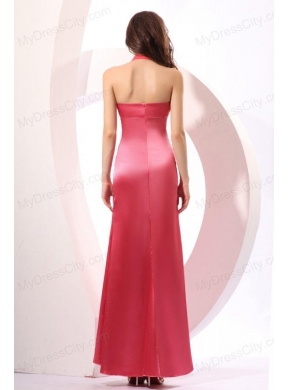 Coral Red Prom Dress with Halter Top Ankle-length Satin