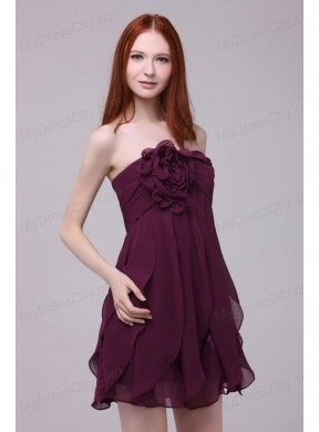 Dark Purple Strapless Hand Made Flower Short Prom Dress