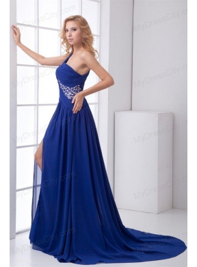 Elegant Empire One Shoulder Brush Train Beading Criss Cross Chiffon Blue Prom Dress