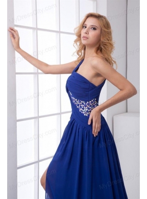 Elegant Empire One Shoulder Brush Train Beading Criss Cross Chiffon Blue Prom Dress