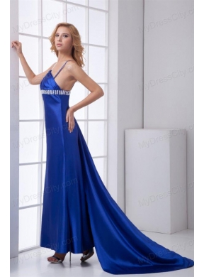 Elegant Empire One Shoulder Brush Train Beading Criss Cross Chiffon Blue Prom Dress