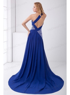 Elegant Empire One Shoulder Brush Train Beading Criss Cross Chiffon Blue Prom Dress