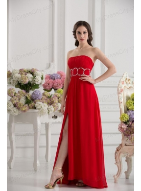 Empier Strapless Chiffon Beading Ruching High Slit Red Prom Dress