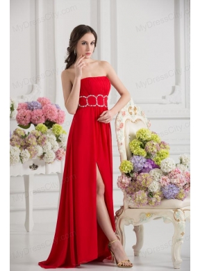 Empier Strapless Chiffon Beading Ruching High Slit Red Prom Dress