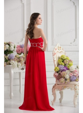 Empier Strapless Chiffon Beading Ruching High Slit Red Prom Dress