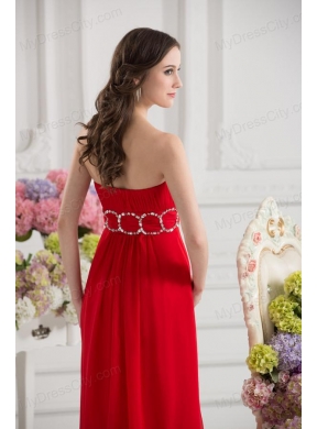 Empier Strapless Chiffon Beading Ruching High Slit Red Prom Dress