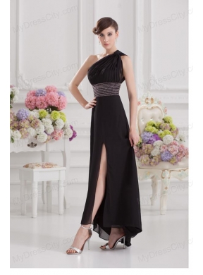 Empire One Shoulder Black Prom Dress with Beading and High Slit