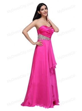 Empire Sweetheart Beading and Ruching Chiffon Hot Pink Prom Dress