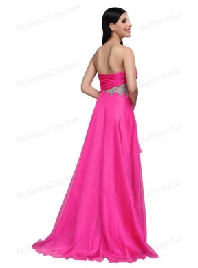 Empire Sweetheart Beading and Ruching Chiffon Hot Pink Prom Dress