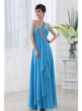 Empire Teal Blue Chiffon Prom Dress with One Shoulder Beading and Ruching