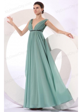 Empire V-neck Floor-length Light Blue Ruching  Chiffon Prom Dress