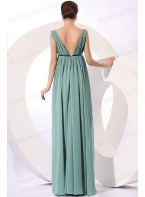 Empire V-neck Floor-length Light Blue Ruching  Chiffon Prom Dress