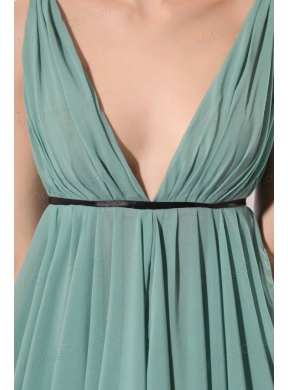 Empire V-neck Floor-length Light Blue Ruching  Chiffon Prom Dress