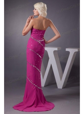 Fuchsia Column Sweetheart Chiffon Brush Train Beading Prom Dress