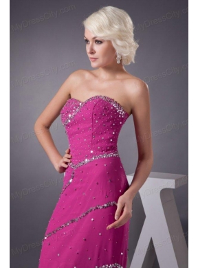 Fuchsia Column Sweetheart Chiffon Brush Train Beading Prom Dress