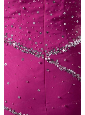 Fuchsia Column Sweetheart Chiffon Brush Train Beading Prom Dress