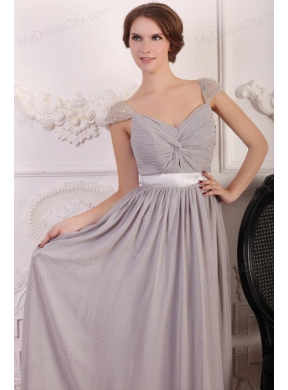 Grey Chiffon Empire Square Prom Dress with Beaded Cap Sleeves