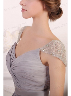 Grey Chiffon Empire Square Prom Dress with Beaded Cap Sleeves