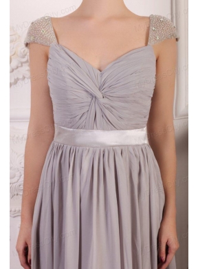 Grey Chiffon Empire Square Prom Dress with Beaded Cap Sleeves