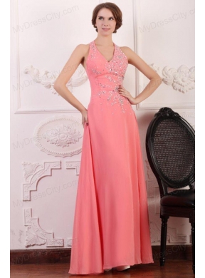 Halter Top Neck Chiffon Empire Beaded Decorate Full Length Prom Dress