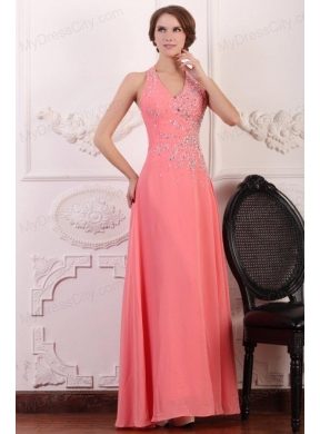 Halter Top Neck Chiffon Empire Beaded Decorate Full Length Prom Dress