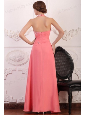 Halter Top Neck Chiffon Empire Beaded Decorate Full Length Prom Dress