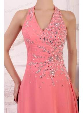 Halter Top Neck Chiffon Empire Beaded Decorate Full Length Prom Dress