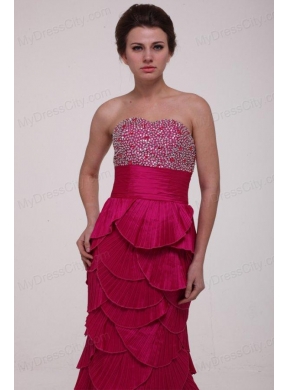 Hot Pink Column Strapless Prom Dress with Beading and Layers