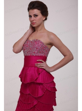 Hot Pink Column Strapless Prom Dress with Beading and Layers