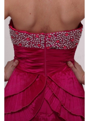 Hot Pink Column Strapless Prom Dress with Beading and Layers