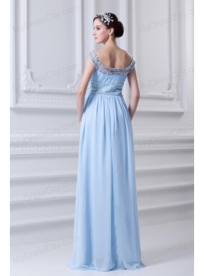 Light Blue Off The Shoulder Empire Chiffon Prom Dress with Beading and Ruching
