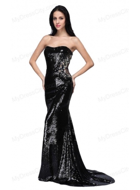 Mermaid Black Strapless Sequins Brush Train Prom Dress