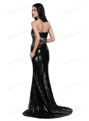 Mermaid Black Strapless Sequins Brush Train Prom Dress