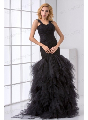 Mermaid Straps Organza Ruffles and Ruching Black Prom Dress