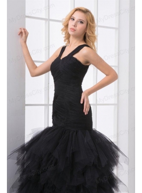 Mermaid Straps Organza Ruffles and Ruching Black Prom Dress