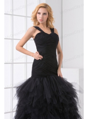 Mermaid Straps Organza Ruffles and Ruching Black Prom Dress