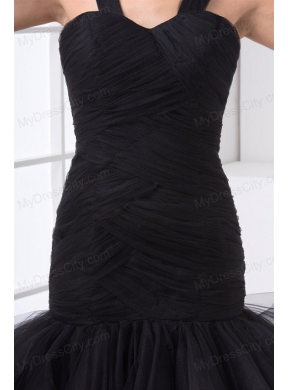 Mermaid Straps Organza Ruffles and Ruching Black Prom Dress